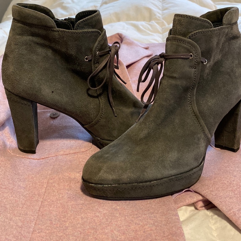 Stuart Weitzman gray suede booties with 3 1/2” covered heel size 8 1/2. …